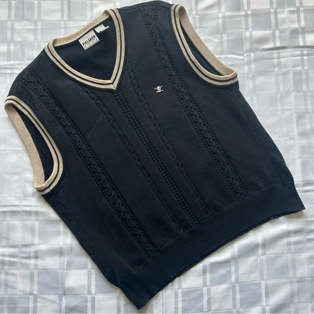Palmer Golf Black Knit Sweater Vest with Metal Skull Embellishment and Tan Trim